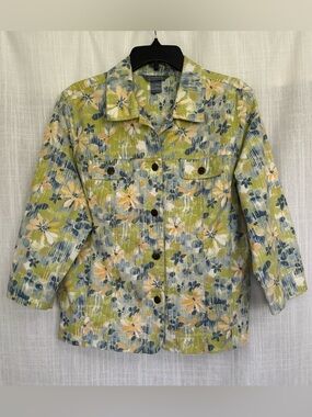 City Blues Koret Floral Jacket Spring Green Blue Button Front 3/4 Sleeve Size L